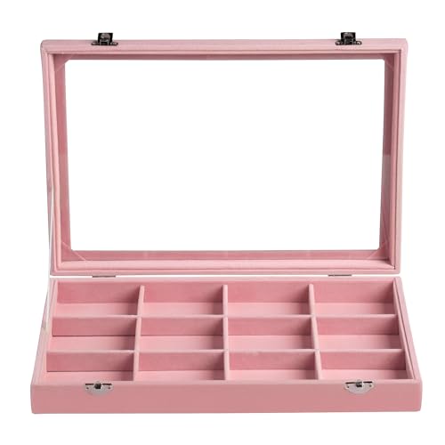 Frebeauty Velvet Jewelry Tray,12 Grid Jewelry Organizer with Clear Lid,Bracelets Holder,Jewelry Display Case with Clasp,Drawer Insert Bangle Brooch,13.8 x 9.5 x 2 Inches,Gift for Women Girls(Pink) - color: Pink, size: 12 Grid