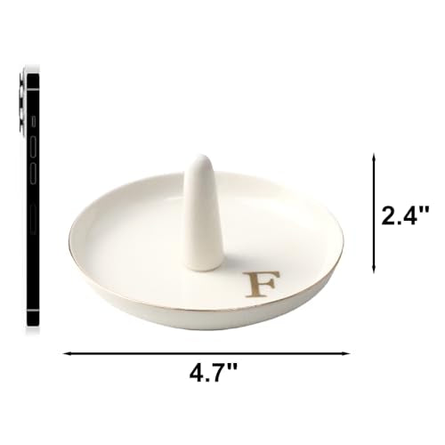 Ceramic Initials Jewelry Tray Ring Dish With Personalized F-Monogrammed Engagement Wedding Gifts, for Birthday Mother's Day for Women, Ceramic White 4.7" x2.4" - style: F