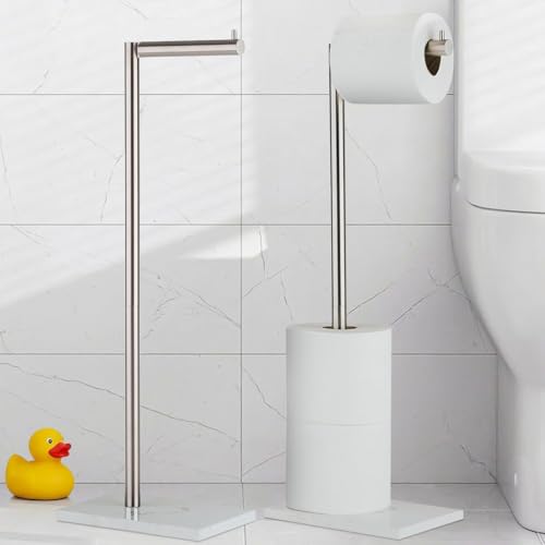 MARMOLUX ACC Free Standing Brushed Nickel Toilet Paper Holder Stand White Marble Base and Storage | 4 Jumbo Roll Bathroom Hardware Toilet Tissue Organizer | Stainless Steel Bathroom Decor Accessory - color: Steel Brushed/White Marble