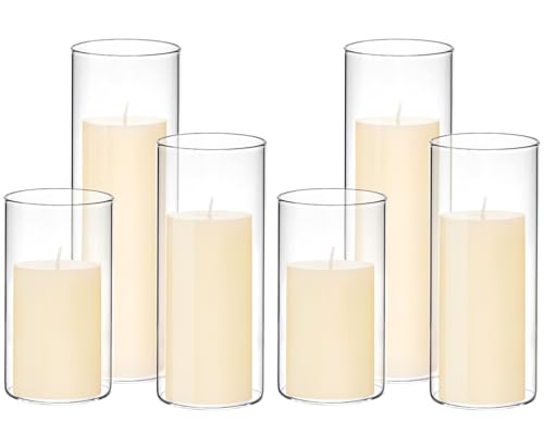 Set of 6 White Pillar Candles with Clear Glass Hurricane Holders- Elegant Cylinder Candle Vases for Weddings, Parties, Centerpieces, Home & Office Decor (Lvory White, 6 Set) - color: Lvory White, size: 6 SET