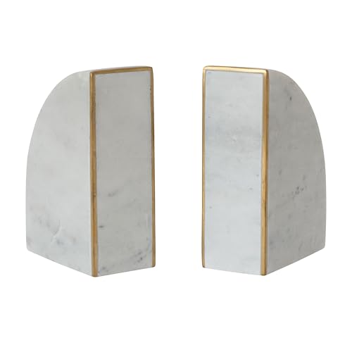 Bloomingville 2-Piece Marble Bookends with Brass Inlay, Gold Finish, White