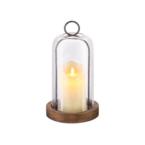 12" High Versatile Rustic Brown Metal Candle Holder with Handmade Sturdy Glass Dome and Shabby Brown Wooden Base for Pillar Candle & Plants, Industrial, Farmhouse, Decorative Display Cloche Bell Jars - color: Brown, size: 6"x12"