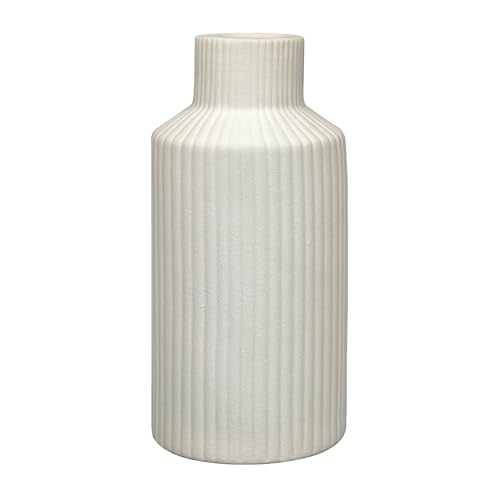 White Ceramic Vase for Flowers - 7.9 Inch Matte Ribbed Modern Vase, Weighted 1.4lb Base & Waterproof Pottery for Pampas Grass, Minimalist Farmhouse Decor for Table Centerpiece Bookshelf
