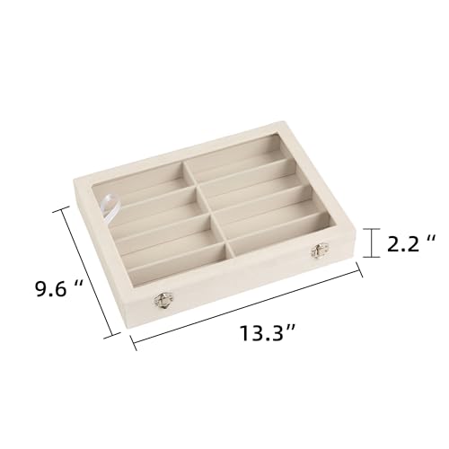 Frebeauty Sunglass Organizer,Velvet Glasses Organizer,8-Slot Sunglasses Tray with Clear Lid,Men's/Women's Sunglasses Box,Sunglass Case,13.3 x 9.6 x 2.2 Inches,Eyeglass/Eyewear Display Tray(Beige) - color: Beige, style: With Lid