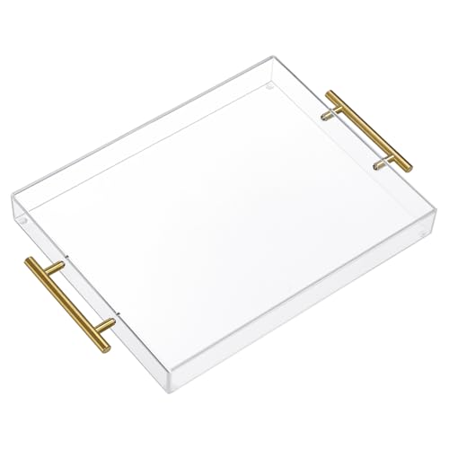 11"x14" Clear Acrylic Serving Tray with Golden Handles, Sturdy Huge Capacity Acrylic Tray for Coffee, Juice, Kitchen and Desk Organizer (11"x14") - size: 14" x 11" x 2"