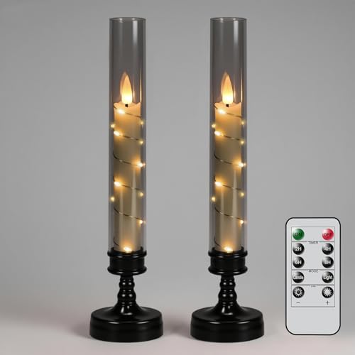 GenSwin Halloween Flameless Taper Candles with Remote and String Lights, Black Halloween Flameless Candles Battery Operated, 2 Pcs LED Flickering Candlesticks for Home Window Table Decor(D2.2”xH10”) - color: 2-Black
