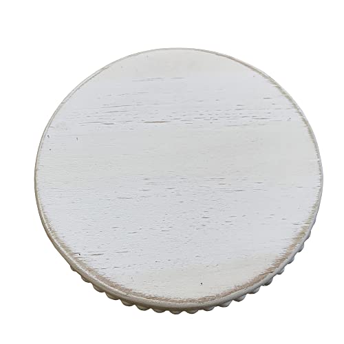 Farmhouse Beaded Wood Pedestal Tray Decor, 7.6” Round Vintage Display Stand, Decorative Accent Display Riser for Kitchen, Bathroom Small Items (White)