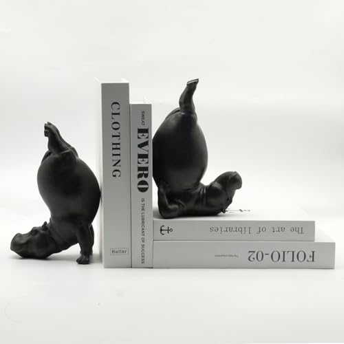 Lukitas Upside Down Hippo Decorative Bookends, Non-Slip Book Holders, Whimsical Animal Ornaments for Office Home Bookshelf Decor, Black, Resin 8.5'' - color: Hippo