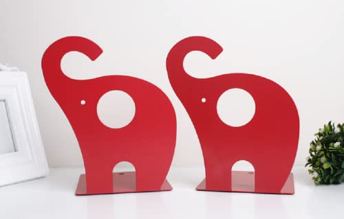 one Pair Cute Cartoon Elephant Nonskid Bookends Art Bookend Metal Bookends (Red) - color: Red