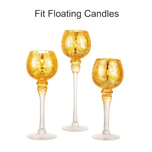 Glass Tealight Candle Holder: Gold Mercury Votive Holders 9/10/12 Inch Tall Long Setm Floating Candle Holders for Christmas Dining Table Centerpiece Wedding Party Set of 3 - color: Gold