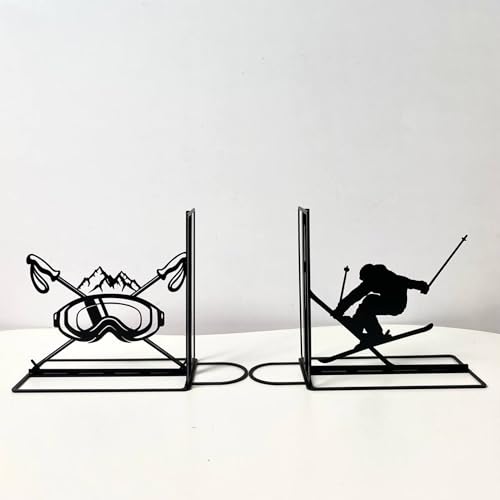Craftnameisgn Custom Skiing Metal Bookends for Shelves Decorative, Skiing Book Ends Metal Art for Home Office, Book Stopper for Heavy Books, Snow Skiing Book Shelf Holder - color: Design 14