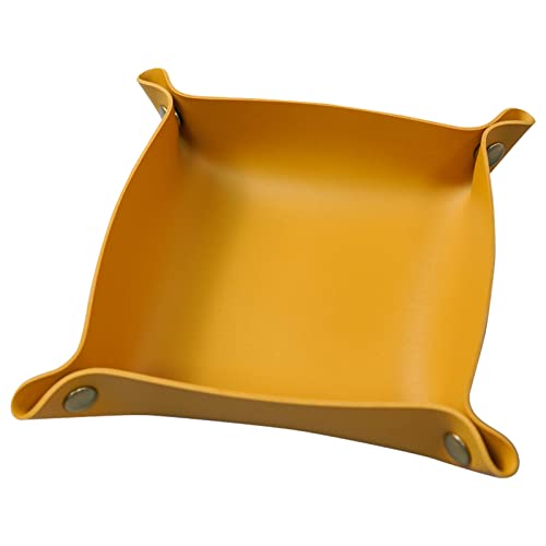 Valet Tray, Leather Tray, Small Catchall Tray, Foldable Jewelry Travel Organizer, Suitable for Travel, Storage, Nightstand, Home or Office (Yellow-S) - color: Yellow