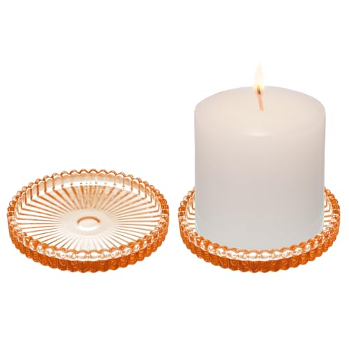 2 Pack Glass Pillar Candle Holders 4 Inch Ribbed Edge Design Decorative Candle Plate with Serrated Edges Clear Amber Display Stand for Wedding Home Decor Table Centerpieces - color: Brown