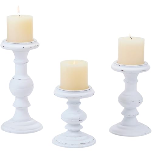 Wood Candle Holders for Pillar Candles, Set of 3 Vintage Rustic Tall Modern Farmhouse Decor, Decorative Wooden Candlestick Holder Stand for Fireplace Mantel, Table Centerpiece - White