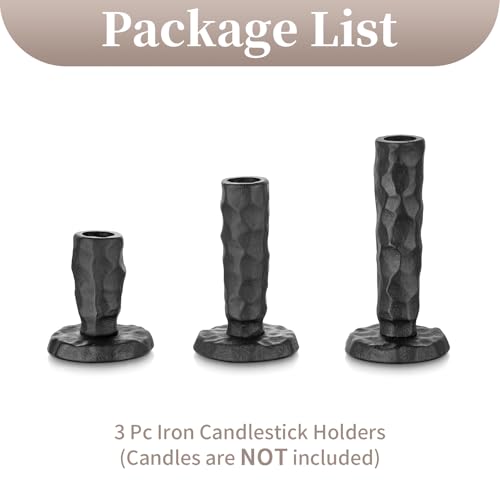 Sziqiqi Black Iron Candlstick Holders: Cast Iron Taper Candle Holder for Candlesticks - Hammered Short Candleholder Set of 3 for Dining Table Mantle Fireplace