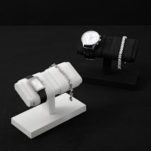 Double Watch Display Stand - Luxury Watch Holder with Soft Linen Lining for Jewelry Store, Home Decor & Travel | Compact 6x3x4.3in(White) - color: White