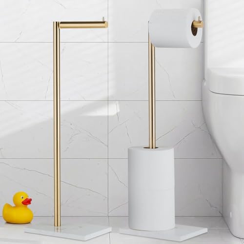 MARMOLUX ACC Free Standing Gold Toilet Paper Holder Stand White Marble Base and Storage | 4 Jumbo Roll Bathroom Hardware Toilet Tissue Organizer | Stainless Steel Bathroom Decor Accessory - color: Gold Brushed/White Marble