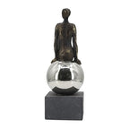 Modern Abstract Figure Sculpture, Decorative Sitting Figure on Sphere, Metal Art Statue with Concrete Base