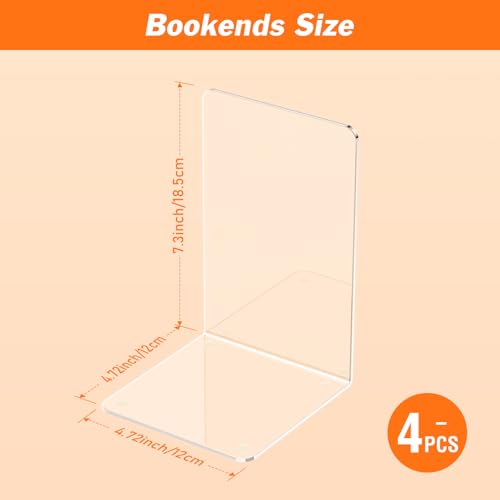 Acrylic Bookends 4 Pcs, Clear Book Ends for Shelves, Transparent Bookend Organizer, Book Holder Stand Decorative, Book Stoppers for Heavy Duty Books, CD, File, Video Games - color: Clear 4 Pieces