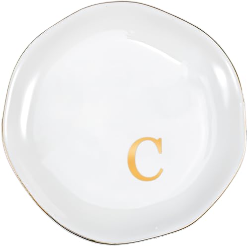 ProCase Ceramic Jewelry Tray, Initial Ring Dish Trinket Plate Engagement Gift, Small Personalized Monogram Ring Bowl for Wedding, White Decorative Jewelry Holder for Women Vanity -Letter C - style: C