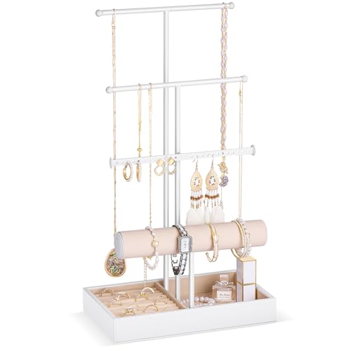 Lolalet Jewelry Holder Tree with Velvet Tray, 4 Tiers Necklace Display Stand Rack with Ring Slots Organizer for Earrings Bracelets Bangles Ring, Valentine's Day Gift -White - color: White