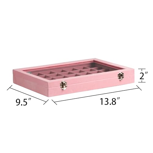 Frebeauty Velvet Jewelry Tray,35 Grid Jewelry Organizer with Clear Lid,Earring Holder Organizer Case with Clasp,Drawer Insert for Rings Studs,13.8 x 9.5 x 2 Inches,Gift for Women Girls(Pink) - color: Pink, size: 35 Grid
