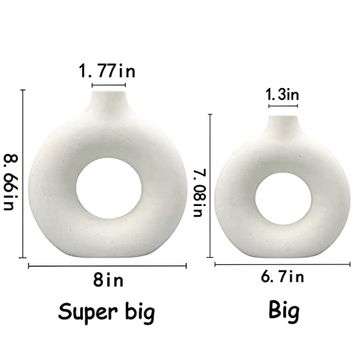 QLOFEI White Ceramic Vases Set of 2, Round Matte Modern Vase for Home Decor, Donut Ceramic Design Pampas Grass Vases for Living Room Coffee Table Decor, Boho Style for Gift - color: White, size: Big + Super Big