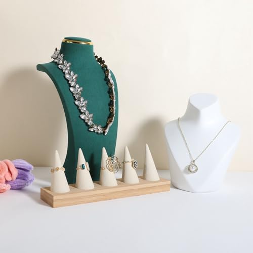 GemeShou Beige wood ring storage organizer, Velvet Jewelry ring display holder, Cute ring display stand for selling, wedding ring holder at nightstand【Beige with five cone】 - size: Large
