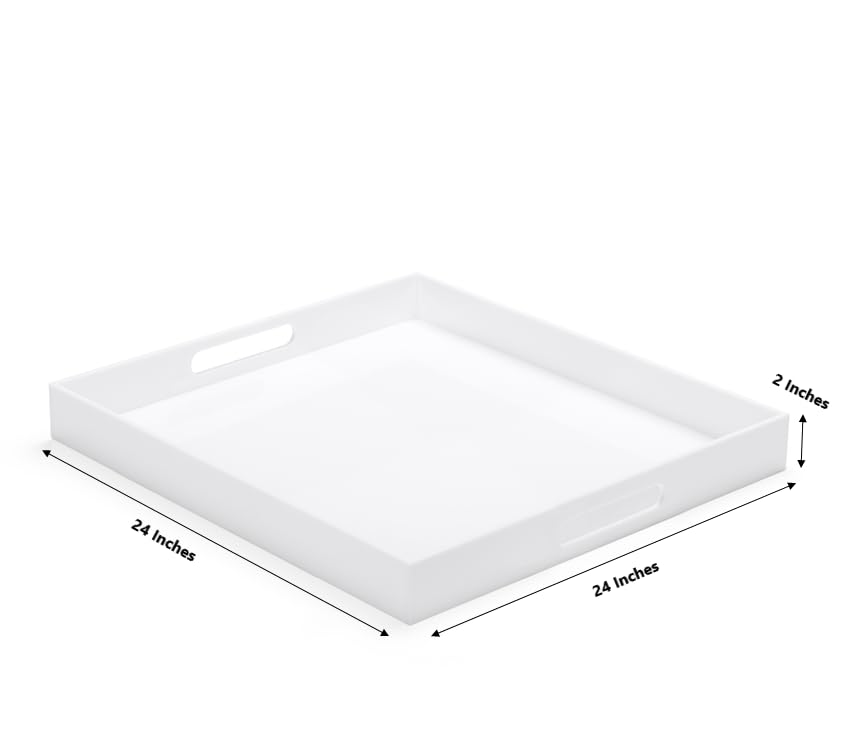 White Acrylic Ottoman Tray with Cutout Handles 24x24 Inch Over-Sized Serving Tray Rubber Boot Organizer Decorative Tray for Living Room, Bedroom,Bathroom Entryway and Kitchen Tabletop - color: White, size: 24" x 24" x 2"