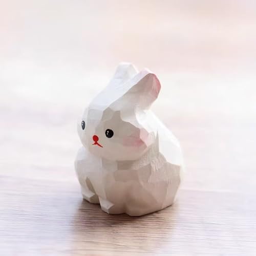 Mini Handcrafted Wooden White Rabbit Figurine –1.6" Cute Carved Bunny Statue for Desk, Home, Car Dashboard & Monitor Top Decor, Collectible Animal Ornament, Gift for Animal Lovers - color: White Rabbit
