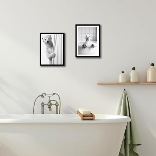 Funny Bathroom Wall Art Set of 2 Framed Canvas Prints – Bear Shower & Duck Bath Black and White Animal Artwork – Modern Minimalist Bathroom Decor Pictures with Solid Wood Frame & Acrylic Cover Bathroom Decor 12x16IN - color: duck and bear, size: 16"L x 12
