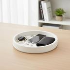 Round Woven Leather Tray, 10" Dia Vanity Tray, Leather Catchall Organizer for Jewelry, Perfume, Keys, Desk Valet Tray for Nightstand, Dresser, Coffee Table Decor, Beige
