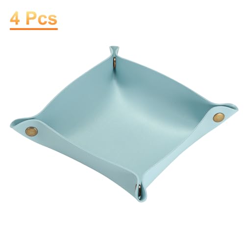 HARFINGTON 4pcs PU Leather Valet Tray Unisex Folding Small Catchall Tray Portable Entryway Table Tray Nightstand Bedside Desk Tray for Key Wallet Watch Coin Jewelry Dice, Light Blue - color: Light Blue