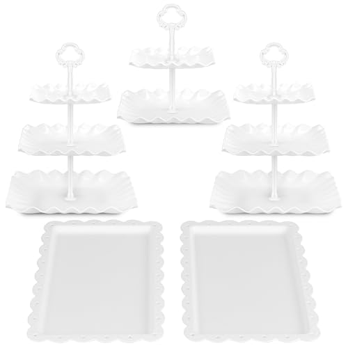 NWK 5 Piece Cake Stand Set with 2 x 3-Tier Cupcake Stands, 1 x2-Tier Cupcake Stands, 2 x Appetizer Trays, for Wedding Birthday Baby Shower Tea Party Decorations (White) - color: White