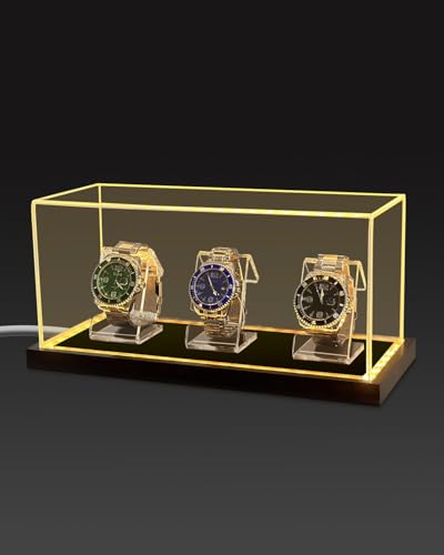 Acrylic Watch Display Case for 3 Watches, Premium 3mm Thick Dustproof Collector's Box with Solid Wood LED Light Base, USB Powered Watch Holder Organizer Stand - size: Display Case (LED) For 3 Watch