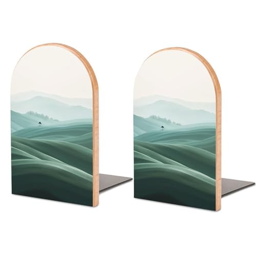 Abstract Landscape Wooden Bookends Shelves 2 PCS Rolling Hills Clear Sky Minimalist Design Sturdy Book Holders Desktop Organizer for Home Office Libraries - color: Color-4