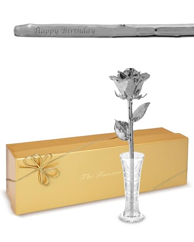 Forever Rose The Platinum Dipped Rose, Custom Laser Engraved Platinum Flower in an Elegant Glass Vase & Gift Ready Box, Handcrafted Luxury Anniversary, Birthday, Wedding or Valentine’s Keepsake - color: Platinum