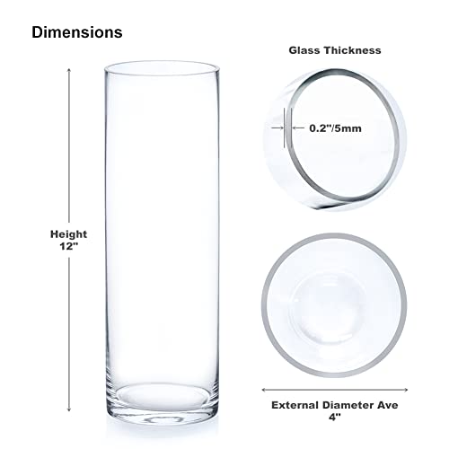 Enova Floral Cylinder Glass Vase - 4 x 12 Inches Round Large Flower Vase, Tall Pillar Candle Holder, Wedding Centerpiece (1 Piece) - size: 4W x 12H