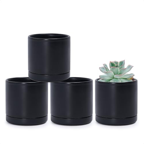 D'vine Dev Set of 4 Small Ceramic Plant Pots, 3.5 Inch Succulent Planter Pot for Plants with Drainage Hole and Saucer, Black, 94-X-A-2 - color: Black, size: 3.5 Inch