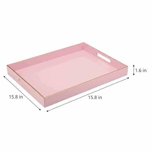 15.8" x 11.8" Pink Decorative Serving Tray with Gold Trim and Handles, Sturdy Rectangular Ottoman Tray for Living Room, Coffee Table, Kitchen Counter, Bathroom Vanity, Easy to Clean - color: Pink Gold Trim