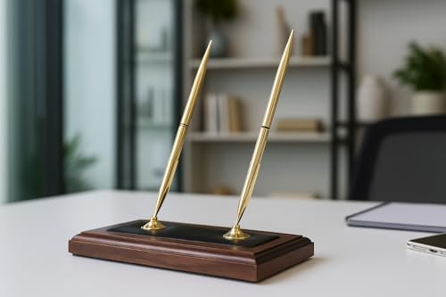 Dacasso Luxury Walnut & Black Leather Double Pen Stand with Rolling Ball Pen - Executive Desk Decor and Elegant Organizer