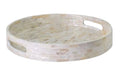PEMAR 12.6” Mother of Pearl Round Serving Tray with Handles, Decorative Nacred Wooden Ottoman Coffee Table Tray (White Tiles) - color: White