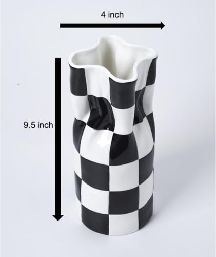 Ceramic Modern Checker Vase for Home Decor, Aesthetic Decoration for Livng Room, Bedroom, Kitchen, Minimalism Abstract Flower Vase Boho Chi, Wabi-Sabi, Hand-Pinched Pottery
