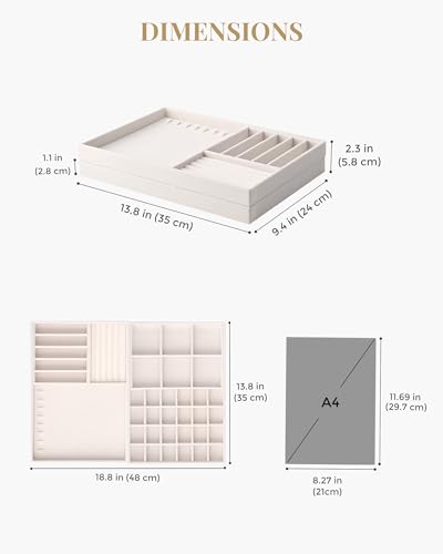 Lolalet Jewelry Drawer Organizer Inserts, Stackable Velvet Tray Jewelry Storage Organizers Set Display Cases for Necklaces Bracelets Earrings Rings Chains Bangles Watches, Mothers Day Gift - color: Beige, size: A4 Size, 2 Packs