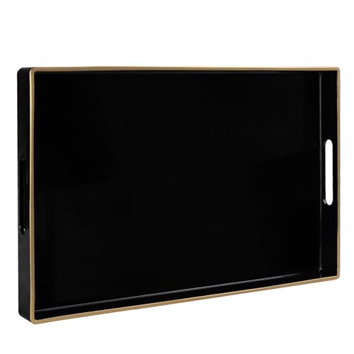 MAONAME Black Decorative Tray for Coffee Table, Modern Serving Tray with Handles, Plastic Rectangular Tea Trays for Ottoman, Bathroom Decor, 15.8” X 10.2” x 1.4" - color: Black, size: 15.8" x 10.2" x 1.4"