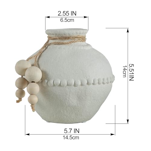 Mowtanco Rustic Ceramic Vase with Boho Wooden Beads, Matte Decorative Pottery for Modern Farmhouse and Bohemian Decor, Floral Arrangements, Bedroom, Shelf, or Side Table Accents - color: White - Small