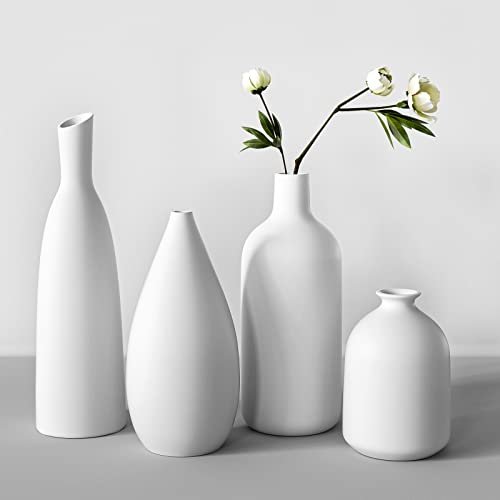 White Ceramic Vase Set of 4,Modern Farmhouse Decorative Vases for Entryway Mantel Centerpiece Bookshelf Console Table - color: White*4