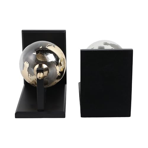 Modern Glass Globe Bookends with Wood Base - Decorative Book Accessories and Home Library Shelf Decor - Sculptural Book Ends for Stylish Bookshelf, Office Accent, or Desk Decor - Set of 2, 9", Black