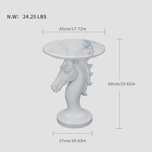 Modern End Table Living Room - Horse Statue White Faux Marble Night Stand, 23" Tall Contemporary‌ Side Table with Horse Head Base (17.73" Wide) for Reception Area & Bedroom - style: White Horse
