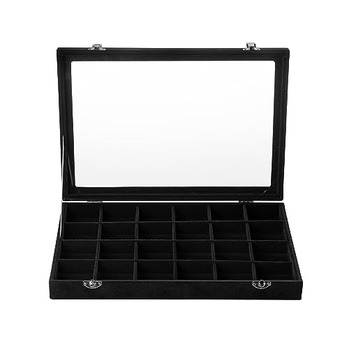 Frebeauty Velvet Jewelry Tray,24 Grid Jewelry Organizer with Clear Lid,Earring Holder Organizer with Clasp,Drawer Insert Rings Pendants Brooches,13.8 x 9.5 x 2 Inches,Gift for Women Girls(Black) - color: Black, size: 24 Grid
